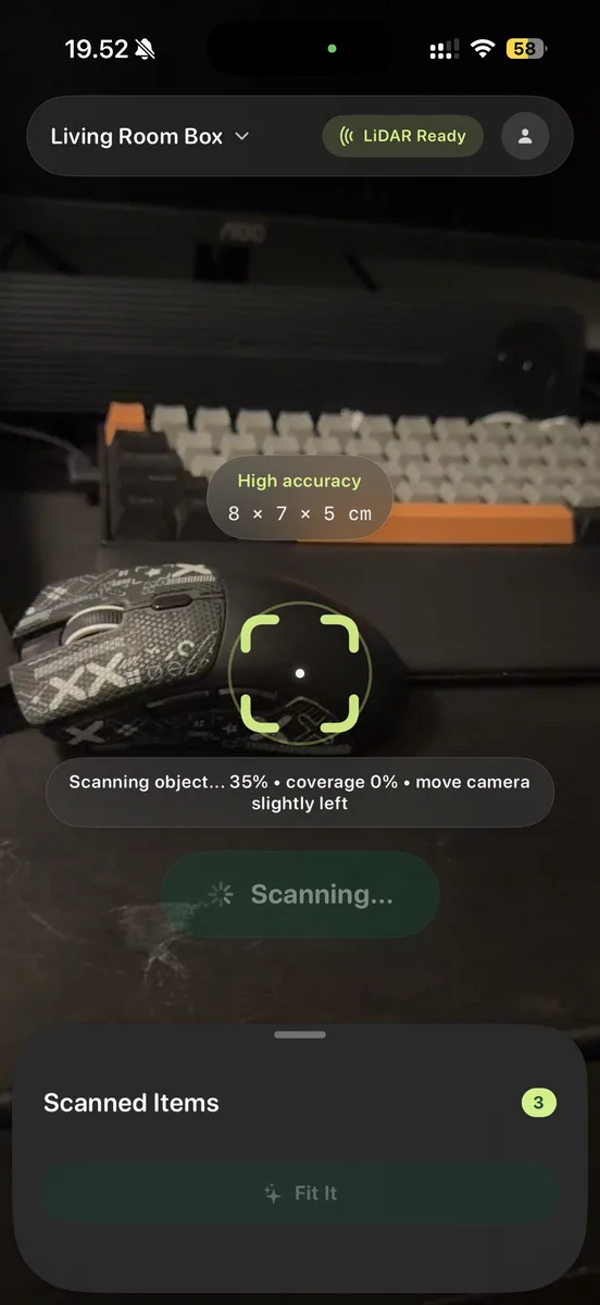 Fitbox object measurement screen