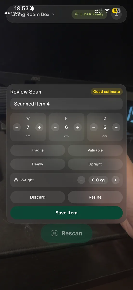 Fitbox dimension estimate screen